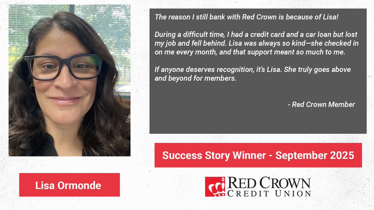 RedCrownCU's tweet image. It’s not very common for a Collections Officer to receive a Success Story, but there are countless reasons why Lisa has earned this one—and we anticipate many more in the future. Thank you Lisa for all that you do for our members!