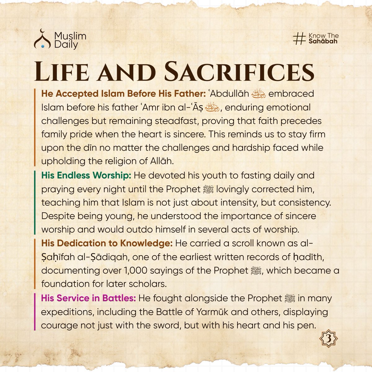 MuslimDaily247's tweet image. While his father conquered lands, ʿAbdullāh conquered his soul. He chose the life of worship and learning over leadership and fame, leaving behind not castles or gold, but knowledge that still guides hearts today.

#StoriesOfTheSahabah #CompanionsOfTheProphet #SahabahSeries