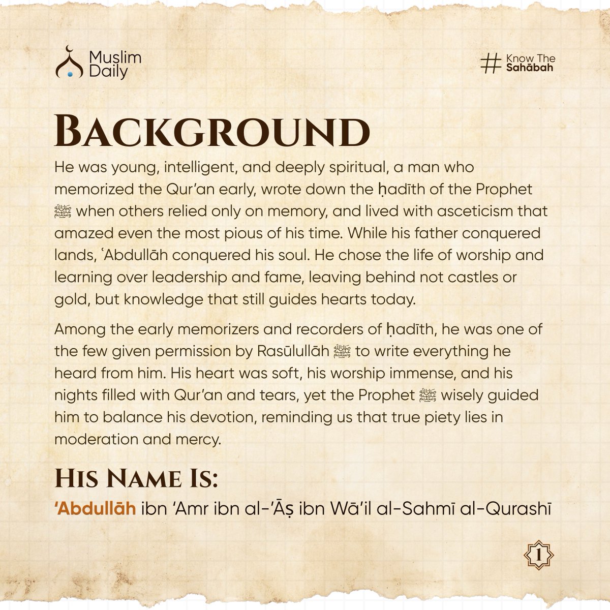 MuslimDaily247's tweet image. While his father conquered lands, ʿAbdullāh conquered his soul. He chose the life of worship and learning over leadership and fame, leaving behind not castles or gold, but knowledge that still guides hearts today.

#StoriesOfTheSahabah #CompanionsOfTheProphet #SahabahSeries