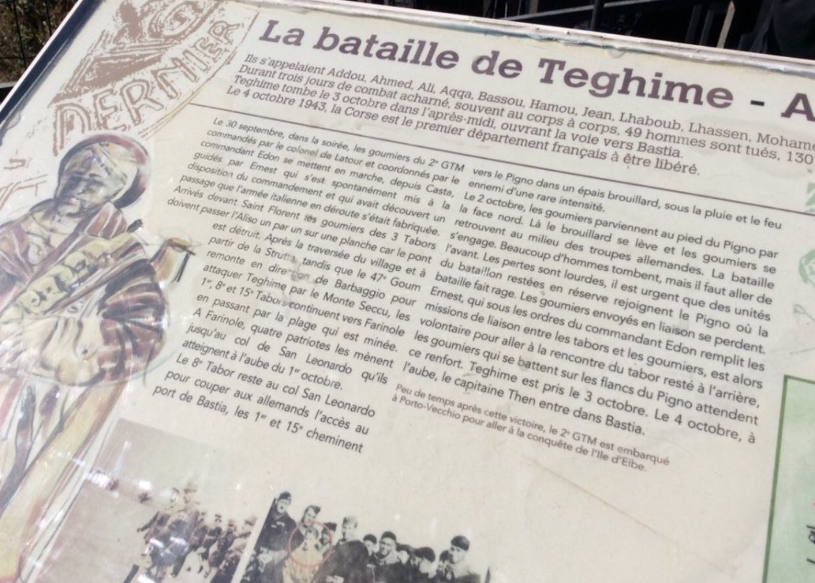Umaggiu à i goumiers maruccani è i resistenti corsi in Tighjime è San Fiurenzu, per e ceremonie di u 82esimu anniversariu di a liberazione di a Corsica.
Un ci scurdemu mai.
