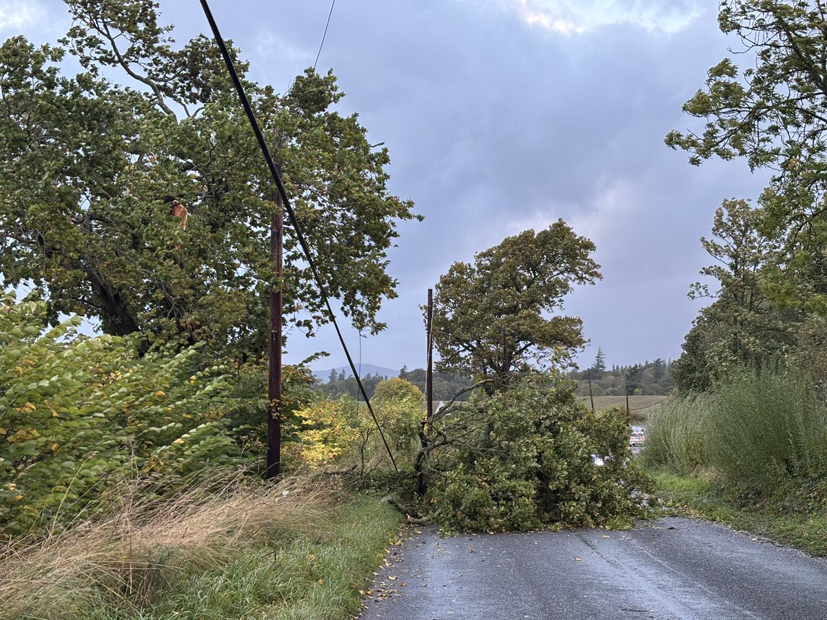 Phone line down near Tullibardine, Perthshire <a href="/bt_uk/">BT</a> <a href="/BTCare/">BTCare</a> I can’t report it as I don’t have a BT line. There’s a potentially live cable loosely flapping across the road #StormAmy