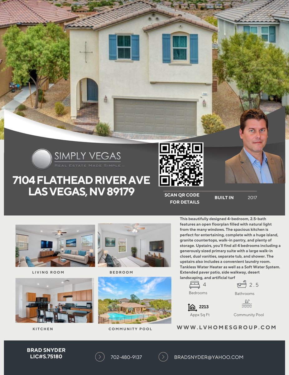 LVHomesGroup's tweet photo. 7104 Flathead River Ave, LV, NV
4 🛏 | 2.5 🛁 | 2-Car 🚗
Open floorplan, gated community w/ pool $482,500 
📲 Call/Text Brad Snyder – Simply Vegas Real Estate
📞 702-480-9137
🌐 https://t.co/E0xWm6LoaY
Lic# S.75180
#LasVegasRealEstate #VegasHomes #MountainsEdge #LasVegasLiving https://t.co/uocqr1MwWm