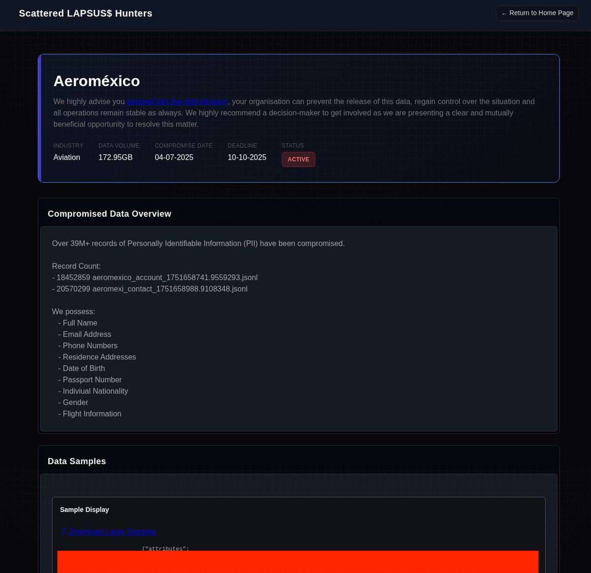 🚨 | ALERTA GRAVE: Aeroméxico habría sido víctima de ransomware

El peligroso grupo ShinyHunters añadió a <a href="/Aeromexico/">Aeroméxico</a> en su lista de víctimas. El 10 de octubre podrían filtrar 172.9 GB de datos, como nombres, correos, teléfonos, direcciones, pasaportes, etc.