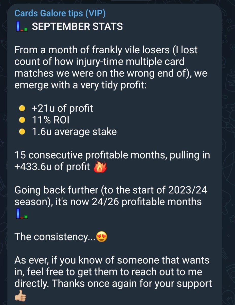 📈 VIP stats for Sept

15th consecutive profitable month saw +21u of profit. 

+433u during that period 🔥

Fancy some of that?  Get into the 'waiting list' group, as spaces are being opened within the hour!!!