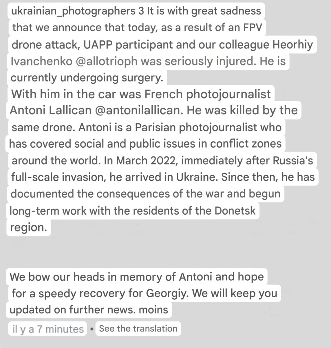 Azety's tweet image. Le #photographe Antoni Lallican tué par un drone en #Ukraine
