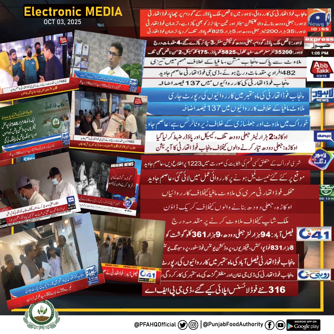 PFAHQOfficial's tweet photo. ملاوٹ مافیا کیخلاف پنجاب فوڈ اتھارٹی کی جانب سے کی گئی کارروائیوں کی میڈیا کوریج رپورٹ ۔۔۔

https://t.co/1BEPpVfk81
#PunjabFoodAuthority #HealthyPunjab #SafeFood #AdulterationFreePunjab #FarmToPlate #PublicHealth #Quality  #BrightFuture #FoodSafety
@GovtofPunjabPK @CS_Punjab https://t.co/RyEq3hS0MU