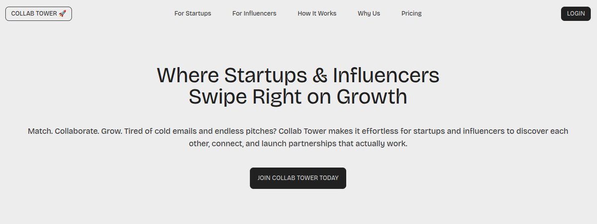 Just launched CollabTower 

– connect startups with the right influencers to grow faster.

No more wasted outreach. Find, match, and collaborate instantly.

Check it out 👉 collabtower.com

#buildinpublic