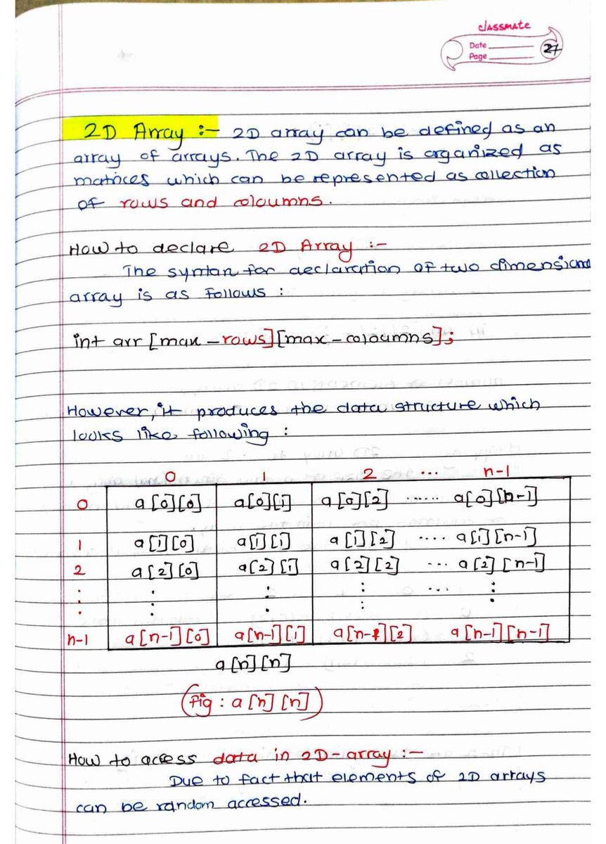 asish_mehata's tweet photo. #LUD6
Today I learned about 2D arrays, their declaration, also about the mapping of 2D arrays into 1D array. Also learnt about storing elements of 2D arrays into memory and calculating addresses of random element.
@learning_utsav
#LearningUtsav2025 #FestivalOfLearning https://t.co/QDdqhcaxIu