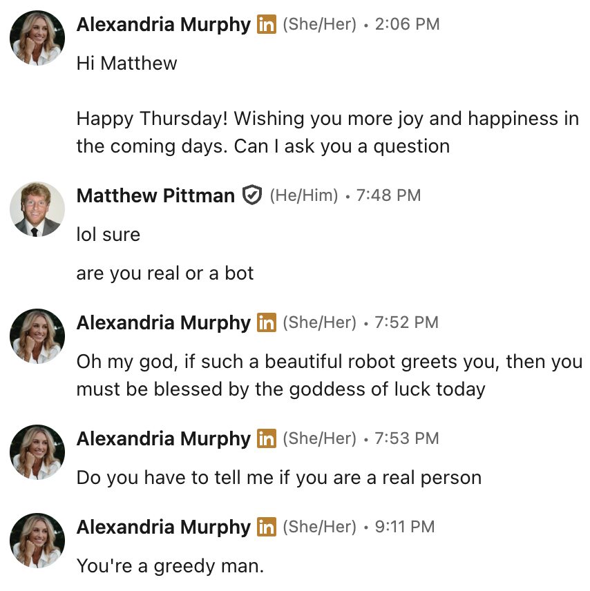 matthewcpittman's tweet image. I think i accidentally broke this @LinkedIn spam bot? #bots #ai #spam