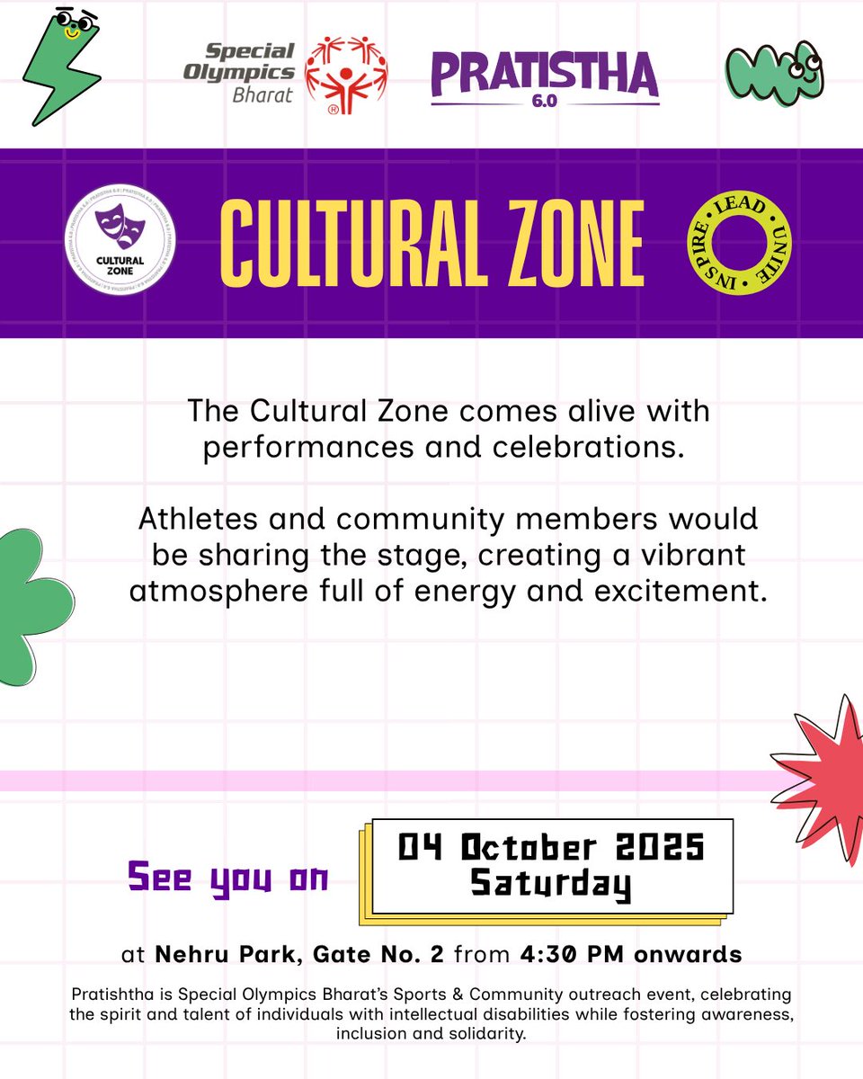 SOlympicsBharat's tweet photo. The 4 zones of Pratistha 6.0 await you - ready to be explored, experienced & enjoyed to the fullest !! 🥳
#Pratistha2025 #SpecialOlympicsBharat #InclusionMatters
#KrantiKhelSe #EachOneReachOne #UnitelnspireLead
#InclusionMatters #ChooseTolnclude #InclusionRevolution https://t.co/WDIvd7PhRG