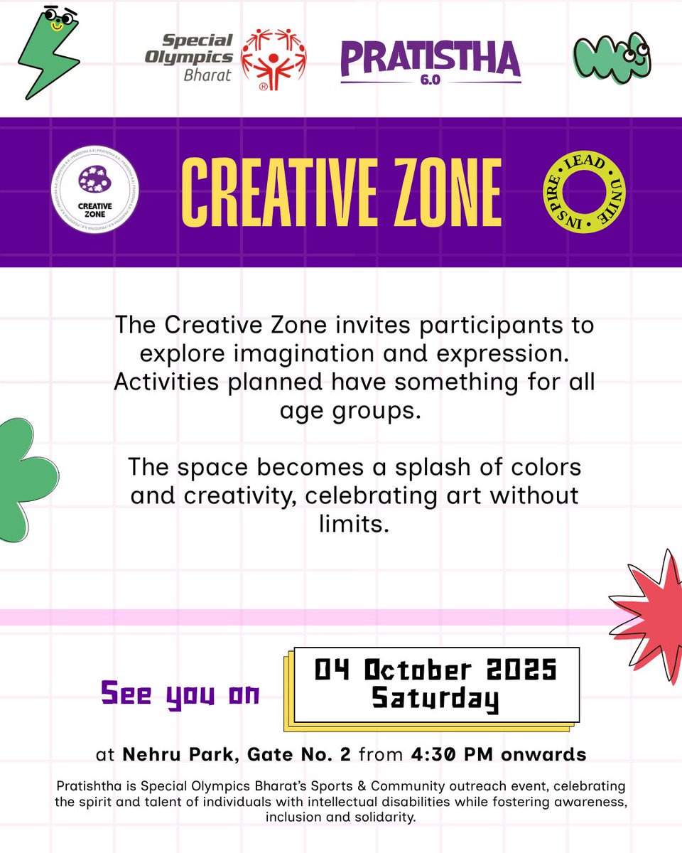 SOlympicsBharat's tweet photo. The 4 zones of Pratistha 6.0 await you - ready to be explored, experienced & enjoyed to the fullest !! 🥳
#Pratistha2025 #SpecialOlympicsBharat #InclusionMatters
#KrantiKhelSe #EachOneReachOne #UnitelnspireLead
#InclusionMatters #ChooseTolnclude #InclusionRevolution https://t.co/WDIvd7PhRG