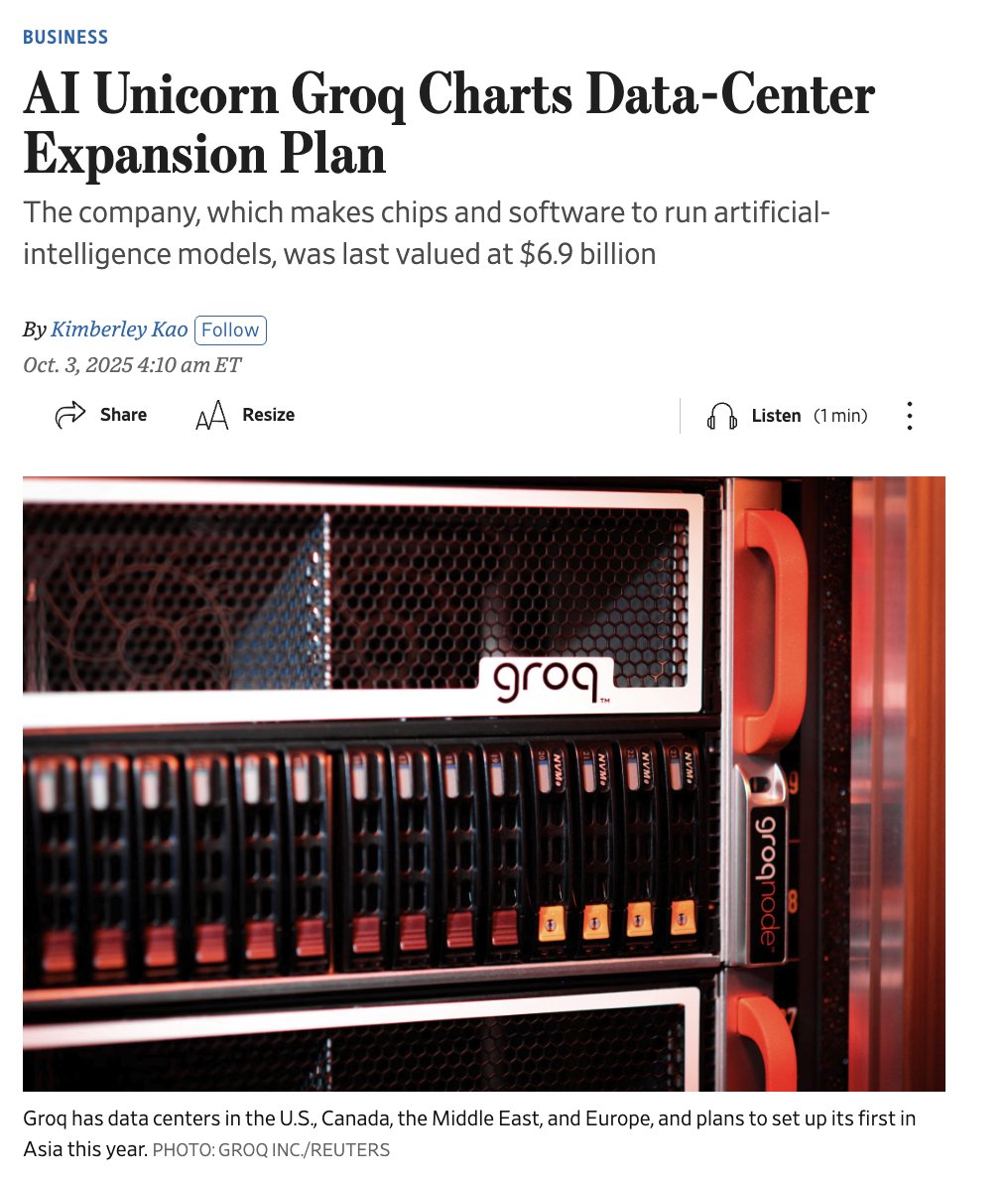 We've stood up 12 data centers this year <a href="/GroqInc/">Groq Inc</a>. 12 whole data centers. Well written article by <a href="/WSJ/">The Wall Street Journal</a> on our data center expansion.