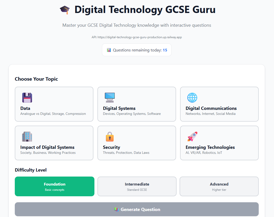 MrAdamMasters's tweet image. I built my first full-stack app
Its an AI GCSE revision tool for my class.
Started as a Railway prototype → now running React + 
&amp;gt; FastAPI on my own domain.
&amp;gt; No paywalls, no vendor limits.
&amp;gt; Proof teachers can build more👉 
gcsedt.adammasters.com

adammasters.com/OwningTheStack…