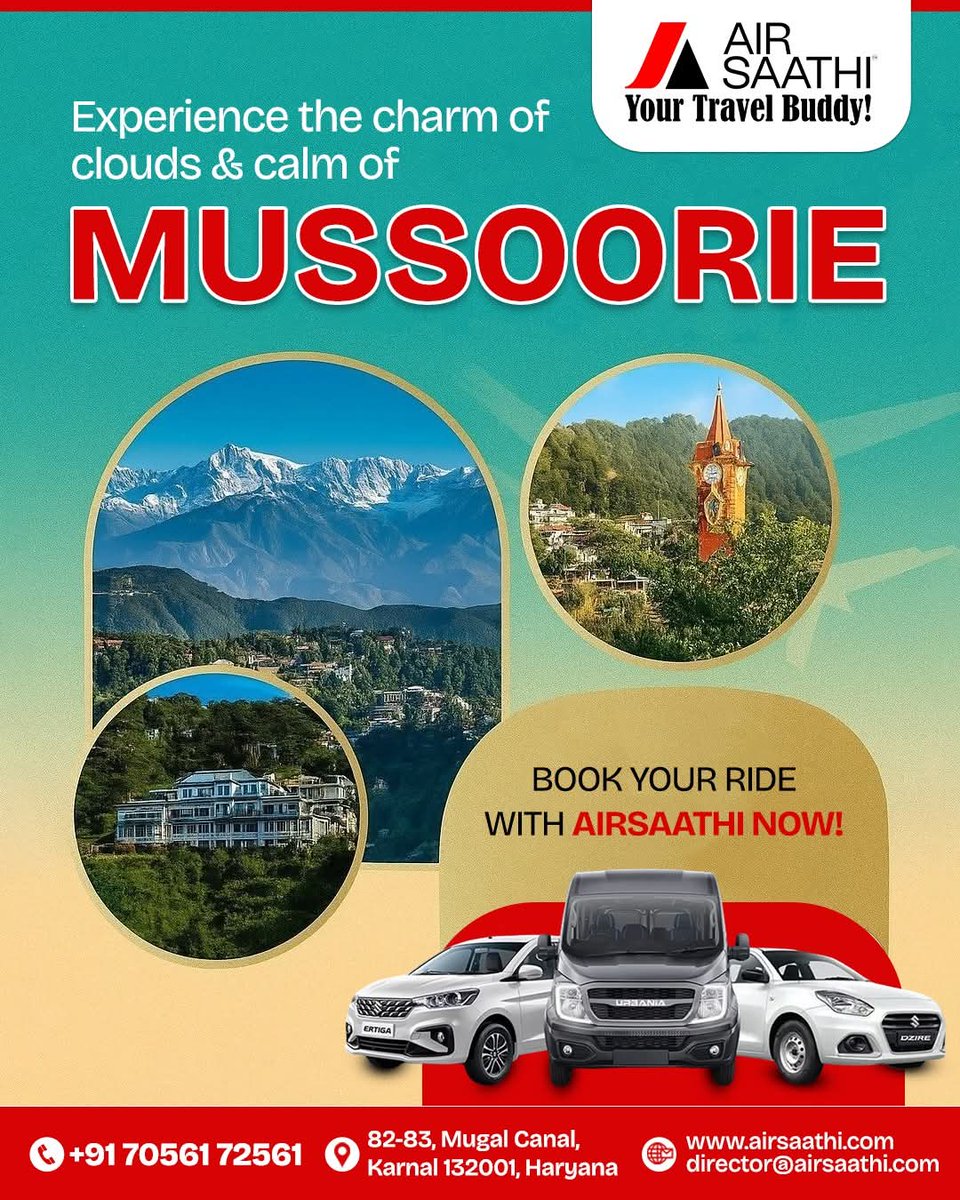 AirSaathi's tweet photo. Feel the Clouds. Find the Calm.
Experience the Magic of Mussoorie, Wander through misty hills, colonial charm and serene landscapes. Best Taxi Services in Karnal.
Call/WhatsApp: 70561-72561
#MussoorieDiaries #QueenOfHills #TravelToMussoorie #BestTaxiServices #HillStationVibes https://t.co/nYTMYPvs03