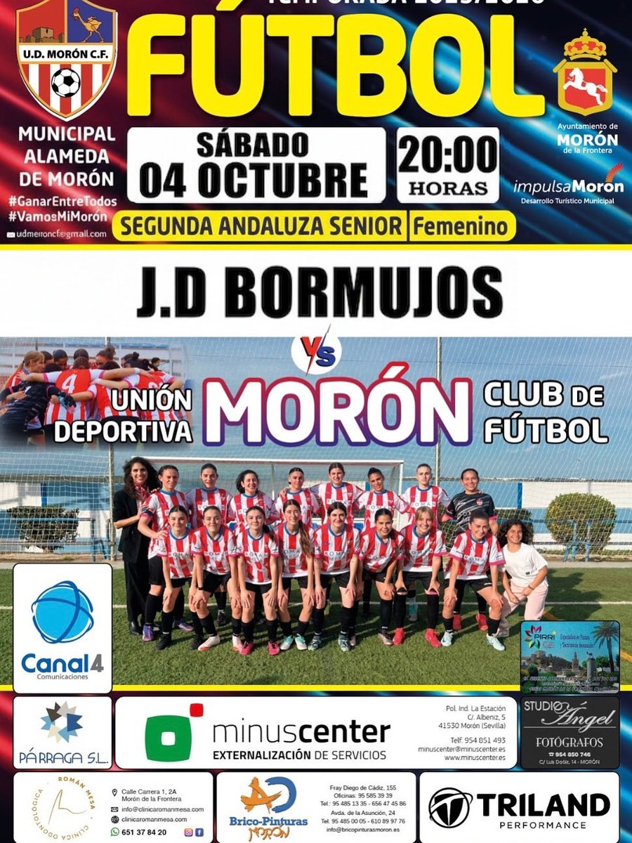 𝐓𝐄𝐌𝐏𝐎𝐑𝐀𝐃𝐀 𝟐𝟎𝟐𝟓/𝟐𝟎𝟐𝟔

JORNADA 3 - Senior Femenino

🆚 @bormujos_femenino 

📆Sábado 4 de octubre
⌚️20:00 horas
🏠Municipal Alameda, Morón de la Frontera

🏆#SegundaAndaluzaSeniorFemenino

❤️🤍💙

#LuchaPorTusColores #VamosMiMorón