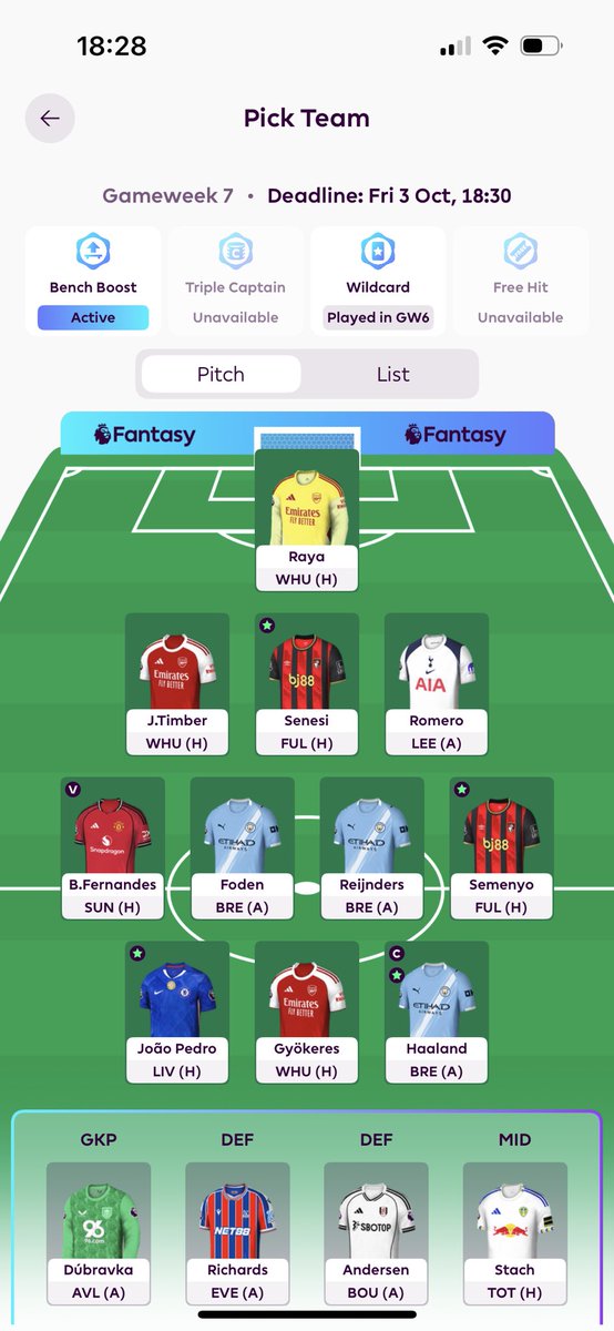 🔐 GW7 team reveal

🎉 Bench boost active

No transfers

🧢 Haaland

🌎 1.9m OR

Good luck everyone 🙏 #FPL #FPLCommunity