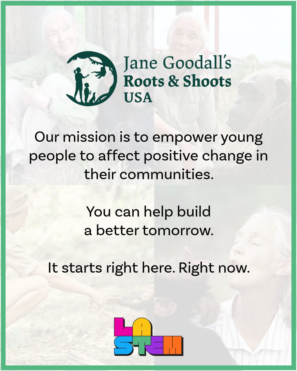 Our hearts go out to #janegoodall's loved ones. LA STEM is honored to count Jane Goodall's <a href="/RootsandShoots/">Roots & Shoots USA</a> as an LA STEM member. Thank you, Roots &amp; Shoots for carrying on Jane Goodall’s legacy and continuing to empower the young people of the world to affect positive change.