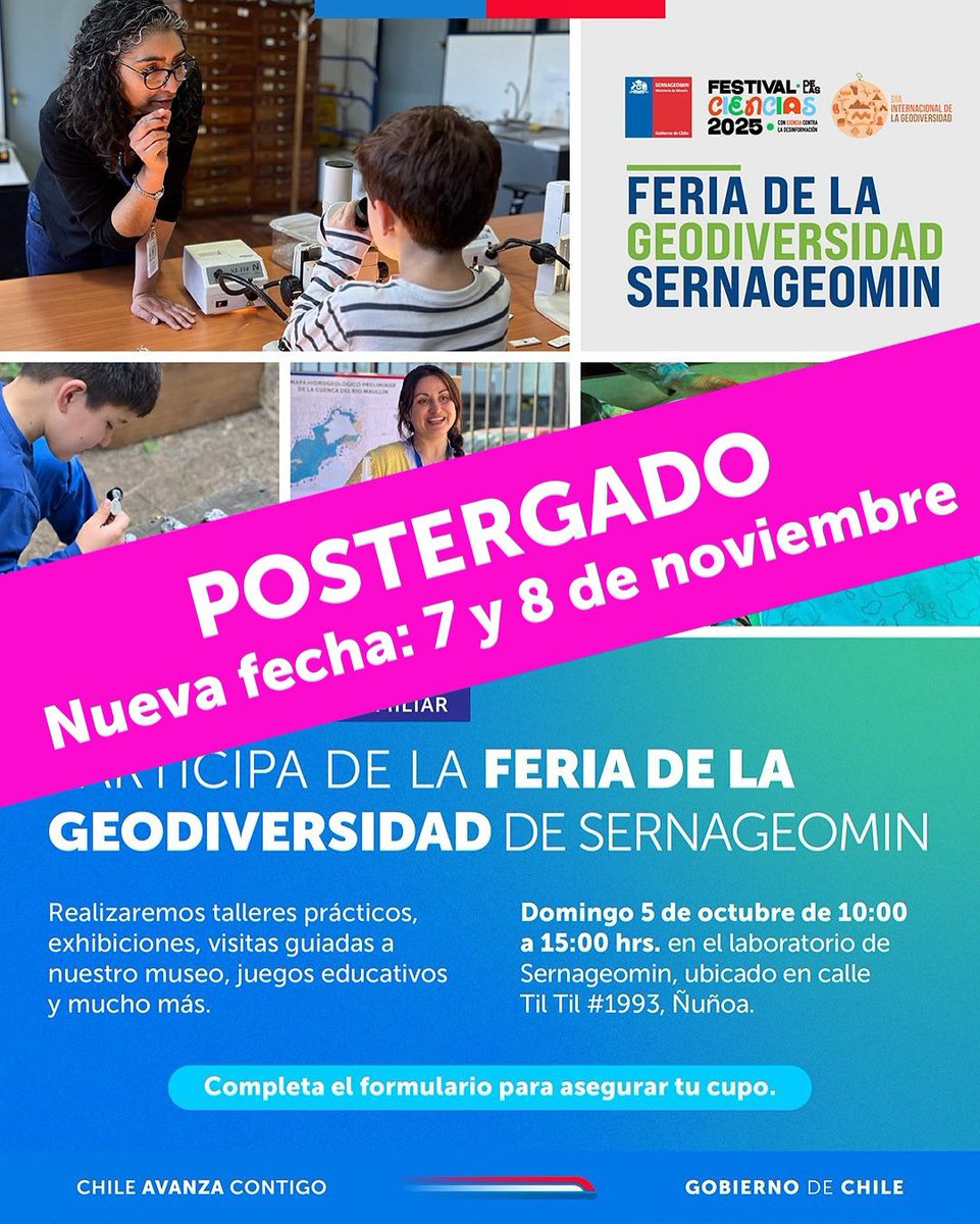 #CambiodeFecha | Les informamos que debido a los pronósticos del tiempo para este fin de semana hemos decidido posponer la #FeriadelaGeodiversidad 2025 para los días viernes 7 y sábado 8 de noviembre. Agradecemos a quienes se inscribieron, pronto les entregaremos más información.