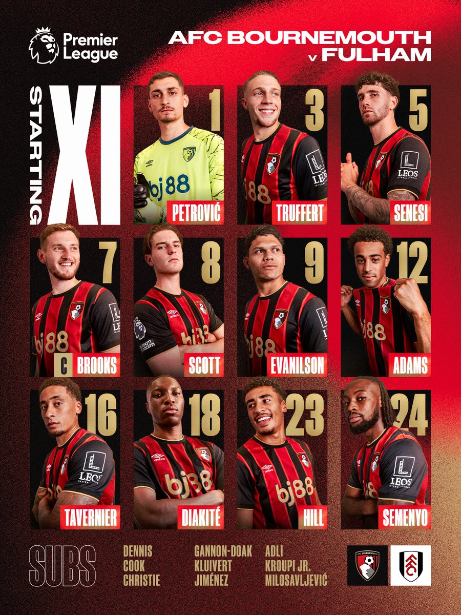 Cherries XI: Petrović, Truffert, Senesi, Brooks (C), Scott, Evanilson, Adams, Tavernier, Diakité, Hill, Semenyo.