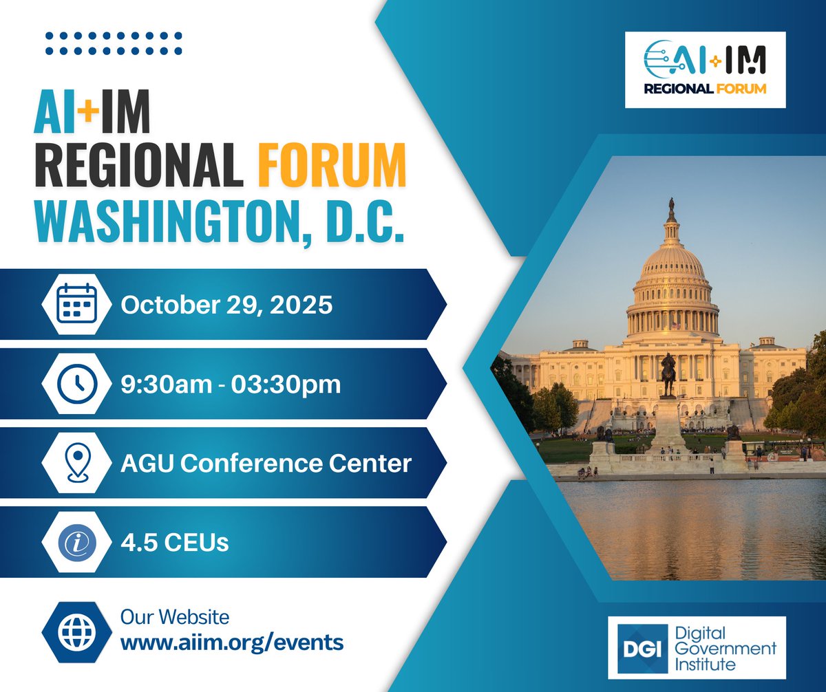 DC info pros — join us Oct 29!

The AI+IM Regional Forum is a free, one-day event w/ Rob King (Federal CDO), leaders from DoD + AGU, &amp; showcases from Microsoft, Box + more. Earn 4.5 CIP CEUs!

⏰ 9:30–3:30 | AGU Conference Center

👉 Register:hubs.la/Q03M86dW0