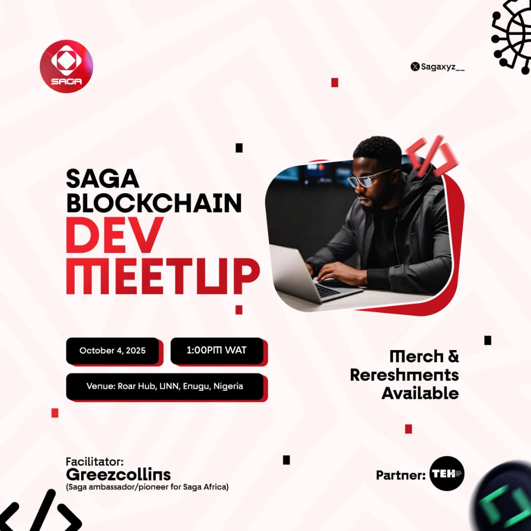 The <a href="/Sagaxyz__/">Saga ⛋</a> Dev Meetup is set to take place on the 4th of Oct in the amazing city of Enugu, Nigeria!

The first of its kind from Saga in Africa!

Register Here: forms.gle/dVbfoAFTq2T1c8…

Be sure to attend if you're close by it's set to be massively impactful!