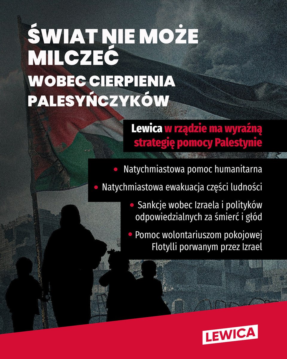 __Lewica's tweet photo. ‼️W Strefie Gazy trwa klęska głodowa. Izrael, odcinając Palestyńczyków od zaopatrzenia, bombardując szpitale i nielegalnie przechwytując pokojowe flotylle z pomocą humanitarną, dopuszcza się ludobójstwa na narodzie palestyńskim. Świat nie ma prawa milczeć wobec tej zbrodni.

Lewica w rządzie stawia sprawę jasno, czas na: 

• natychmiastową pomoc humanitarna,
• natychmiastową ewakuację części ludności,
• sankcje wobec Izraela i polityków odpowiedzialnych za śmierć i głód,
• pomoc dla wolontariuszy pokojowej Flotylli porwanych przez Izrael.

Działamy 👇
Wicemarszałek Sejmu RP i współprzewodniczący Lewicy @wlodekczarzasty pozostaje w stałym kontakcie z ministrem spraw zagranicznych Radosławem Sikorskim w sprawie sytuacji w Palestynie. Wiceminister Sebastian Gajewski reprezentował naszą agendę w Ministerstwie Spraw Zagranicznych, podczas spotkania, na którym omawiano plan pomocy Palestynie. Wicemarszałek Senatu RP @MagdaBiejat, posłanka @dgpopiolek oraz poseł @AndrzejSzejna utrzymują stały kontakt z polską częścią Flotylli Sumud. Jako Lewica jesteśmy również w kontakcie z ambasadorem Palestyny.

Milczenie świata to współudział. My nie będziemy milczeć.

#wolnapalestyna 🇵🇸