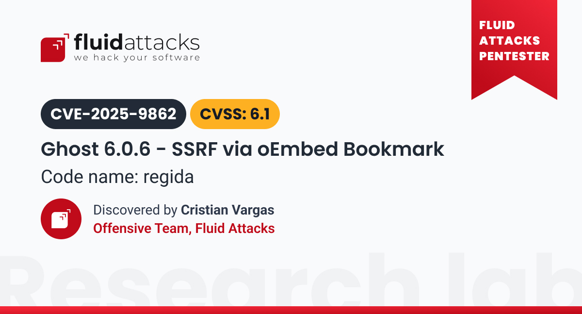 fluidattacks's tweet image. Fluid Attacks&apos; research team found a zero-day vulnerability in Ghost. As a #CNA, we assigned the ID CVE-2025-9862. Details here: 🔗 fluidattacks.com/pt/advisories/…. We have disclosed 201 #CVE to this date: 🔗fluidattacks.com/advisories/