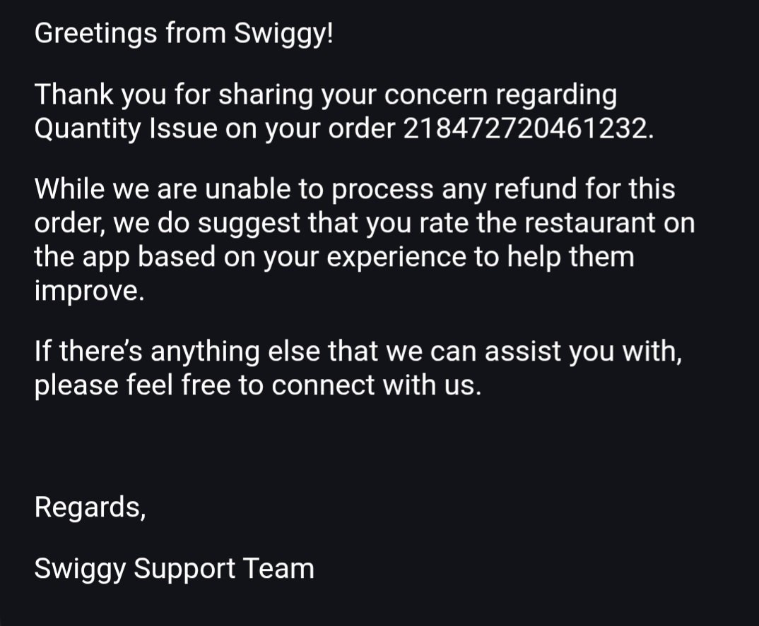 Entatainme7360's tweet photo. Extremely disappointed with @Swiggy.Ordered 2 gravies that were barely 4 spoons each, though it claims “serves one.” Complaint got only a generic reply. Such misleading practices violate consumer rights. Will escalate to @NCCFIndia. #ConsumerRights #UnethicalService https://t.co/X03lS8ZZ4k