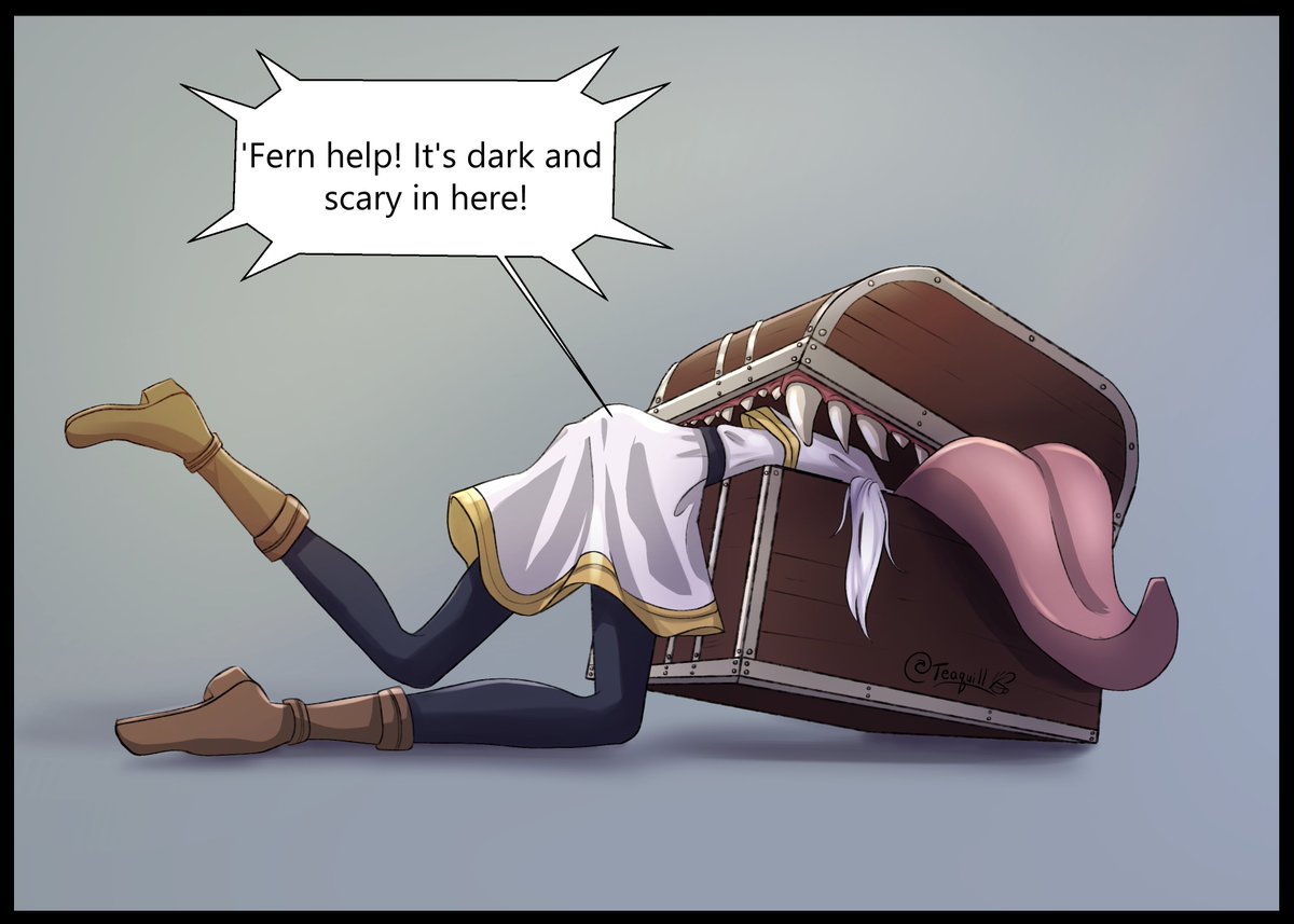 TeaQuill's tweet image. A commission for a0040pc over on DeviantArt, this time of a rather tall Frieren in rather uncomfortable proximity with a  mimic yet again. 
deviantart.com/a0040pc
#SizeTwitter #stretchedgirl #Frieren #fanart