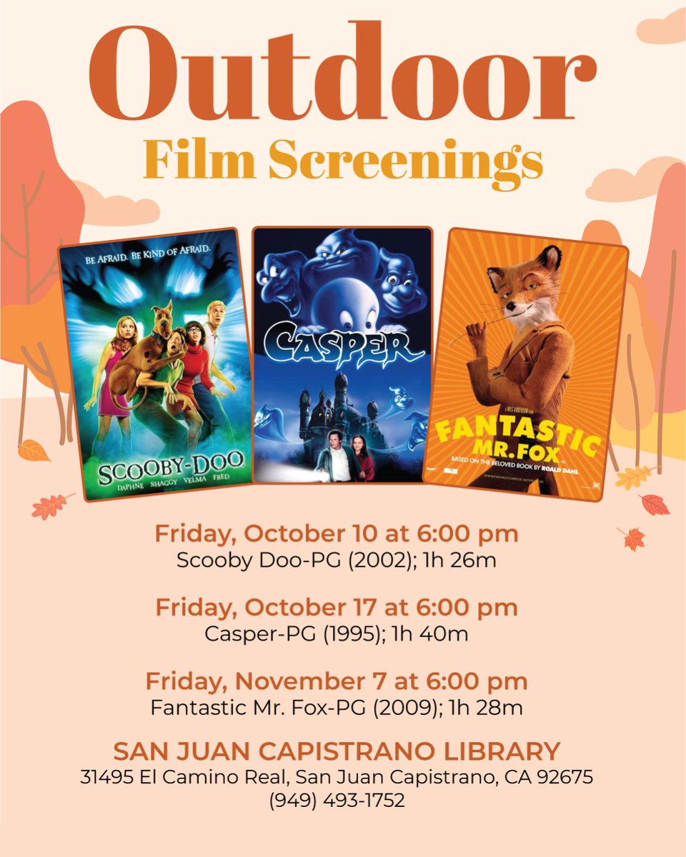 ocpublib's tweet image. Outdoor Film Screenings this fall at San Juan Capistrano Library
Fri Oct 10 at 6pm: Scooby Doo, 2002 (PG)
Fri Oct 17 at 6pm: Casper, 1995 (PG)
Fri Nov 7 at 6pm: Fantastic Mr. Fox, 2009 (PG)
Details: bit.ly/3IRS4jN
#OCPL #OrangeCounty #sanjuancapistrano #ocofficeonaging