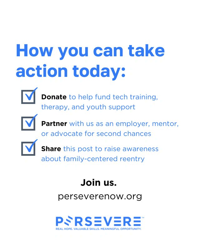 Even a small contribution can create lasting change. Here are 3 small ways you can help:

💙Donate:
💙Partner
💙Share

Your support helps make this possible. Learn more at perseverenow.org or text FAIRCHANCE25 to 53-555.