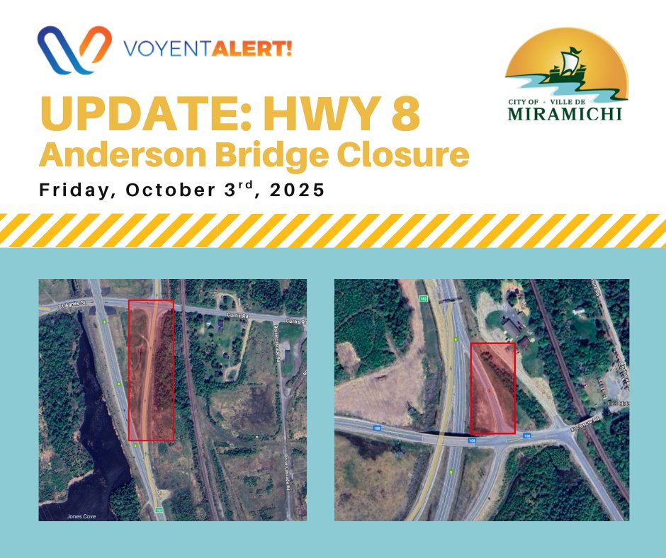 Anderson Bridge Closure (Rte 8):
Bridge remains closed after truck damage. EMS vehicles may now use the new bridge with lights/sirens, reduced speed &amp; avoiding 2 closed ramps (S-end on-ramp &amp; N-end off-ramp). Detour via Rtes 415-420-425. Updates: NB511.