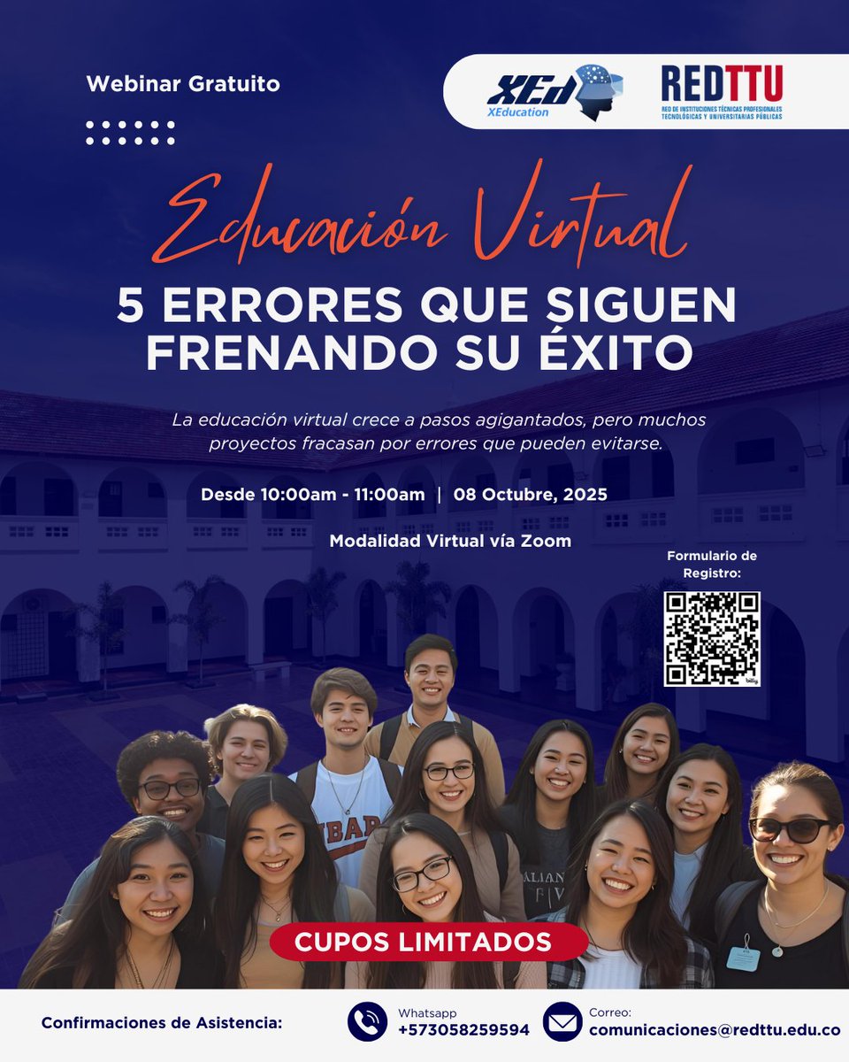 👩‍💻 La mayoría de las universidades virtuales cometen los mismos 5 errores… y pierden estudiantes. En nuestro webinar gratuito descubrirás cuáles son y cómo evitarlos.

📅 08 de octubre | 10:00 a.m.
📍 Vía Zoom | Cupos limitados
#EducaciónVirtual #REDTTU #Webinar