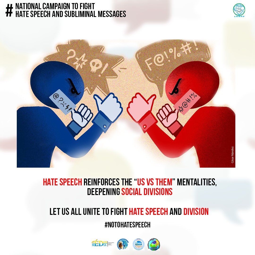 ARREF16's tweet image. NATIONAL CAMPAIGN TO FIGHT AGAINST HATE SPEECH AND SUBLIMINAL MESSAGES
Hate Speech reinforces the "us Vs them" mentalities, deepening social divisions.
Let us all unite to fight Hate speech and division.
#NoToHateSpeech 
#NoToSubliminalMessages
#ARREF
#HateSpeech
#SubliminalMessa