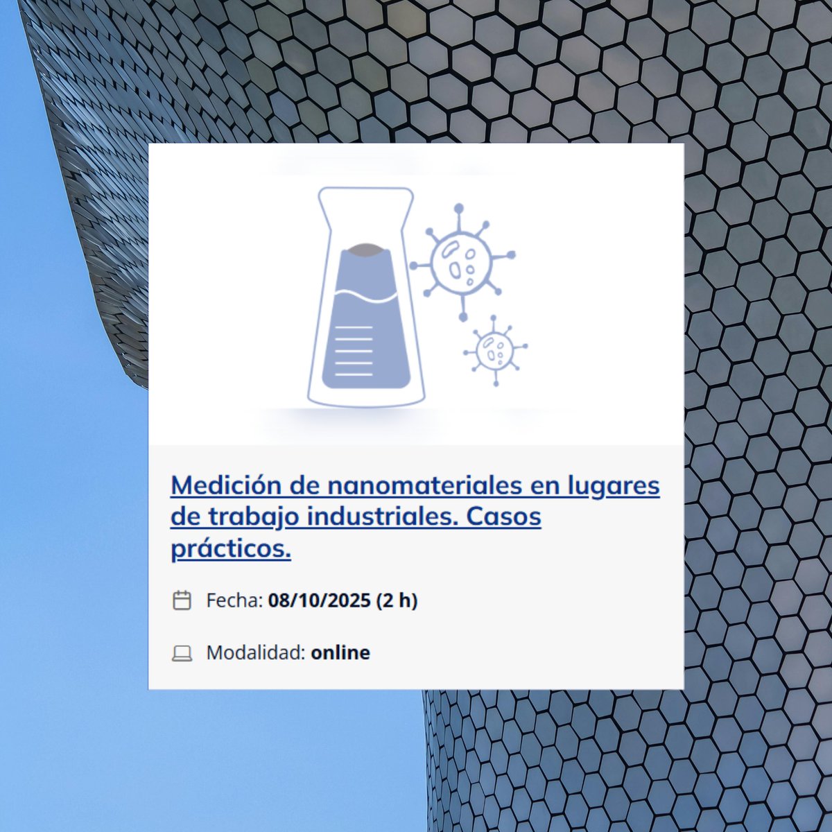 INSST_MITES_GOB's tweet image. 📣 ¡Cerramos inscripciones!

🔬 Nanomateriales en el trabajo: ¿sabes cómo medir la exposición?

Curso práctico del #INSST para aplicar la norma UNE-EN 17058:2022 en entornos reales 🏭

Inscríbete 👉 run.gob.es/dmvb470d

#FormaciónPRL