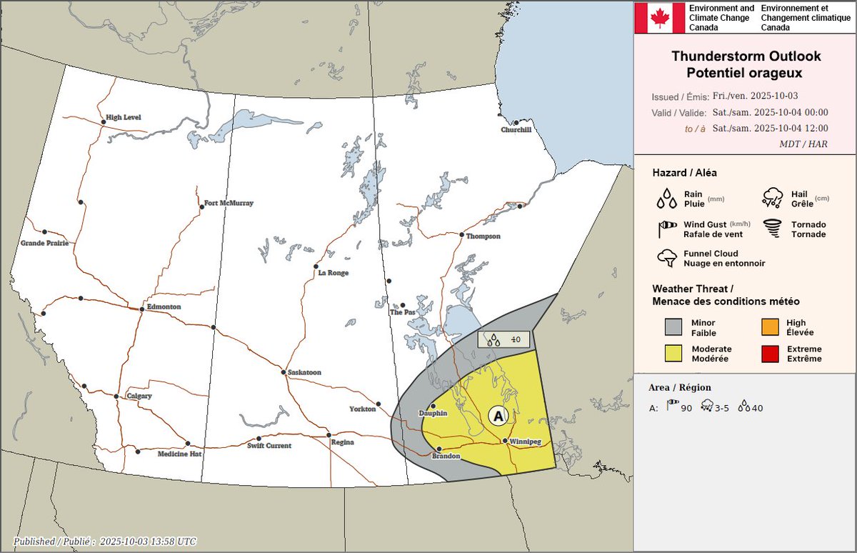 ECCCWeatherMB's tweet image. What season is it? -- We've got a risk of severe thunderstorms in southern Manitoba today and tonight! Keep your eye on the sky and be prepared for some active weather.
Following the storms, expect the rain to stick around through the weekend!
#mbstorm