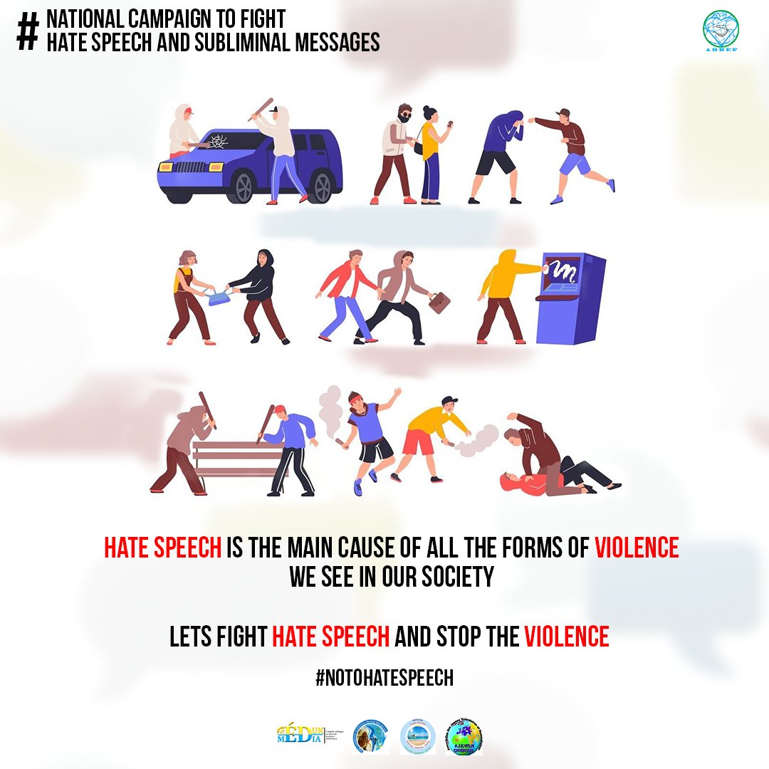 ARREF16's tweet image. NATIONAL CAMPAIGN TO FIGHT AGAINST HATE SPEECH AND SUBLIMINAL MESSAGES
Hate speech is the main cause of the forms of violence we see in our society.
Let's fight Hate speech and stop the violence.
#NoToHateSpeech 
#NoToSubliminalMessages
#ARREF

…......................