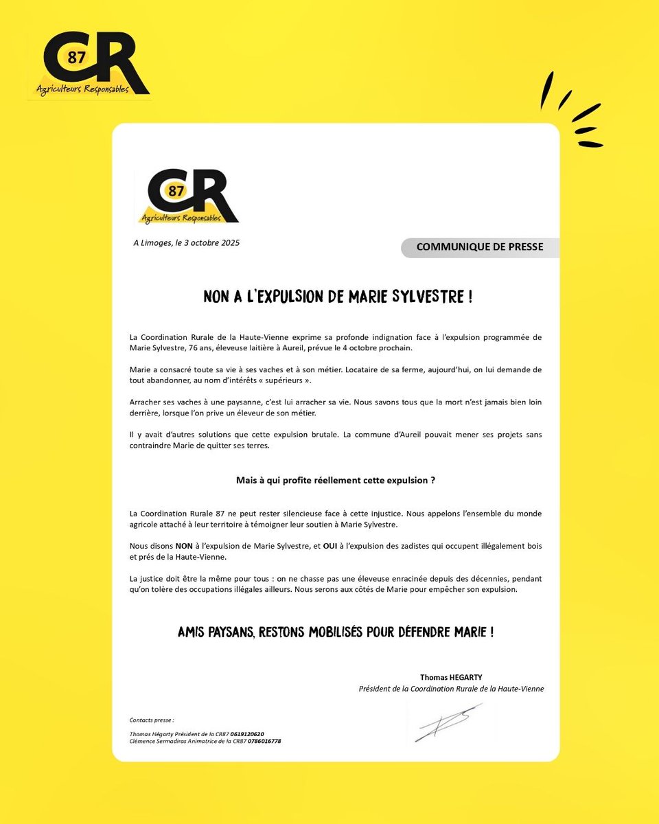 🟡⚫️ COMMUNIQUE DE PRESSE 

🔴 NON A L'EXPULSION DE MARIE SYLVESTRE !

RETROUVEZ LE COMMUNIQUE DE PRESSE DE LA CR87 ⤵️