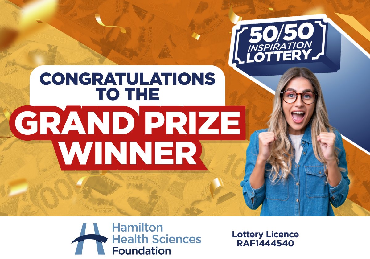 🎉 Congrats to Kelly G. from Mount Hope, ON, the Grand Prize winner of the Inspiration 50/50 Lottery! 💸 The jackpot hit $50,342 thanks to YOU. Every ticket supports life-changing care at Hamilton Health Sciences. 💙 #5050InspirationLottery #HamiltonHealthSciences