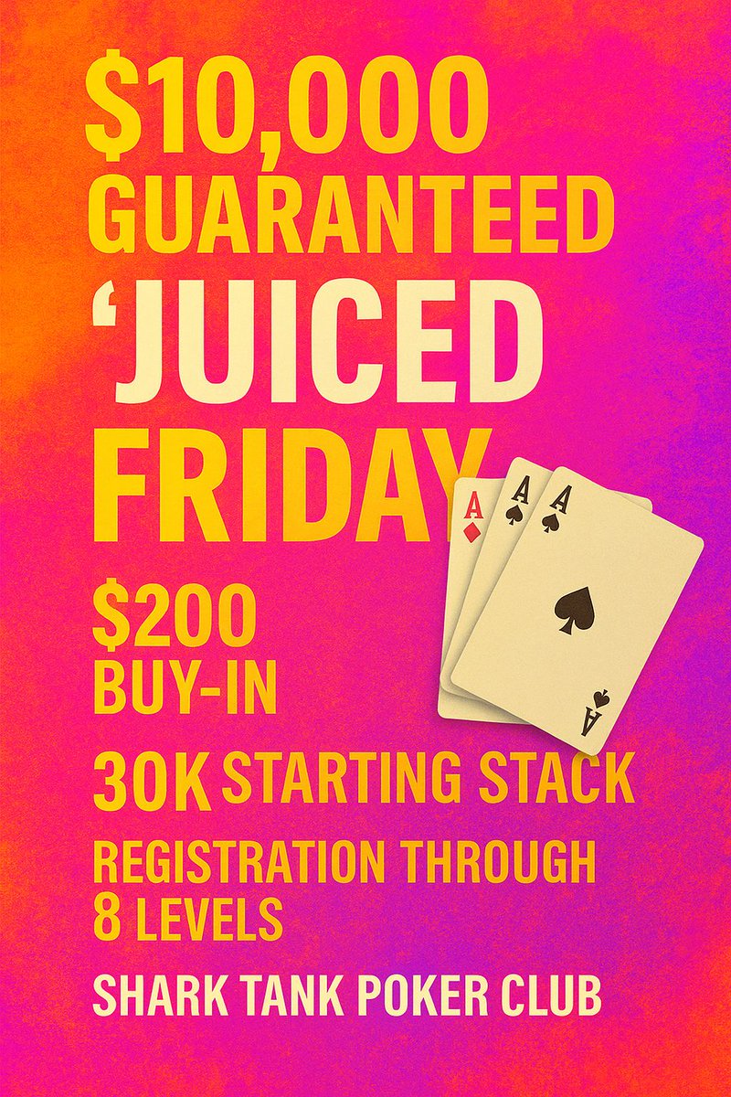 Juiced Friday Tournament starts at 6pm tonight! Also only 25 spots left in the Queen of Hearts w Prizepool currently over $10,000! Play both cash game and tournament tonight to be eligible. 🦈