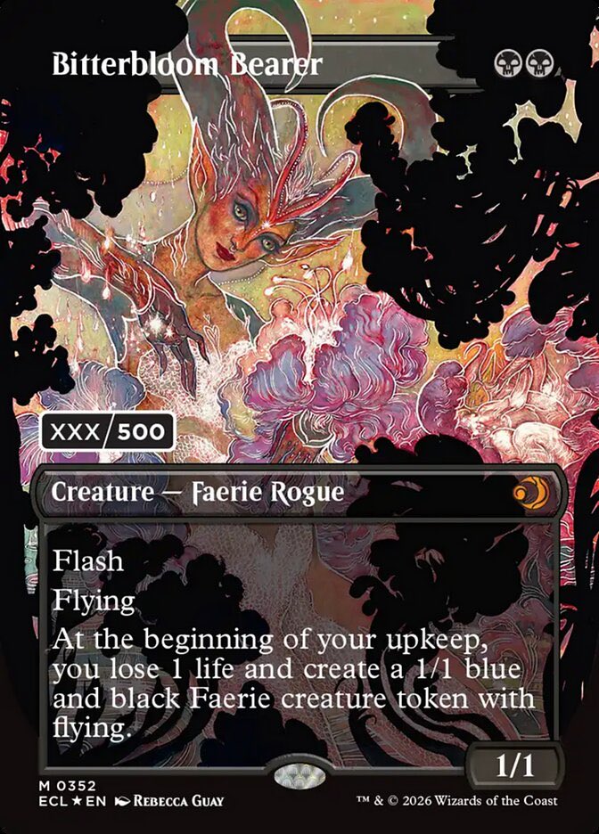 moonwave69's tweet image. Surprised there’s not more chatter about a serialized Guay card in Lorwyn Eclipsed! She also illustrated the original Bitterblossom.

I wonder if this is her only card in the set? If she has multiple cards I’ll be so excited!