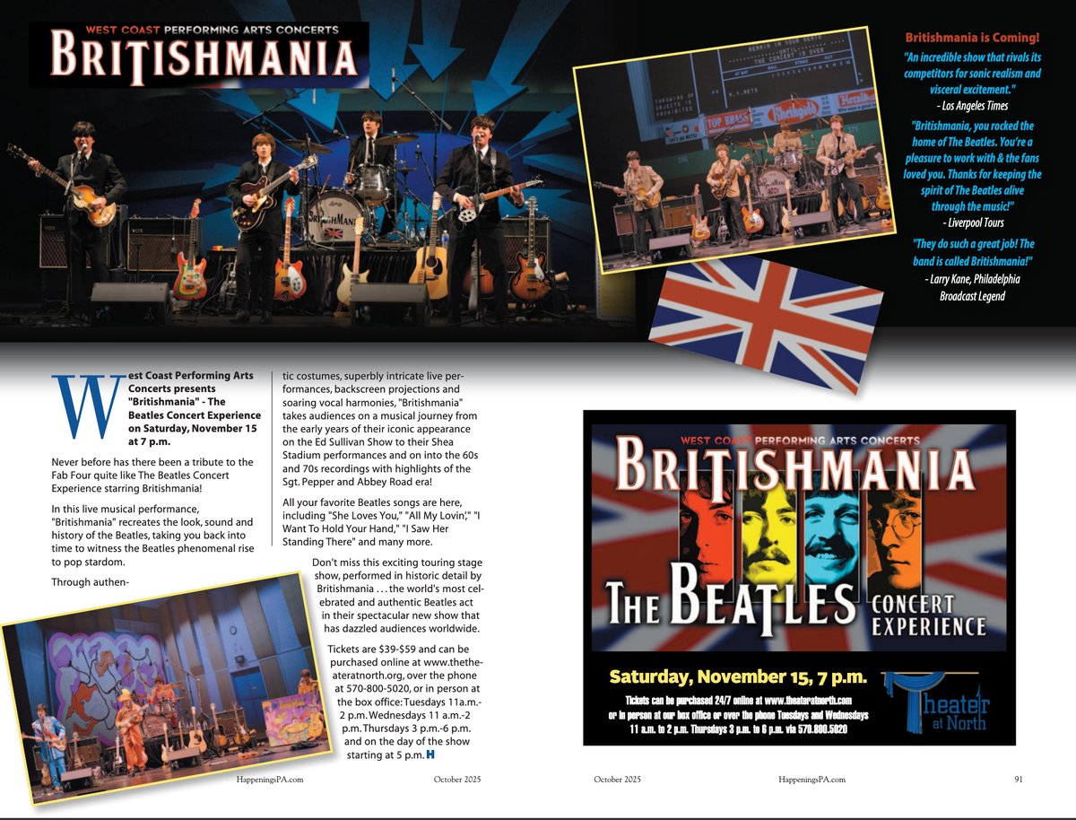 Be sure to pick up a copy of the October 2025 issue of Happenings Magazine and flip to p 86 to read all about "Always ABBA" coming to the Theater at North on 10/25 then flip to p 90 to read all about "Britishmania" coming on 11/15
issuu.com/happeningsmaga…