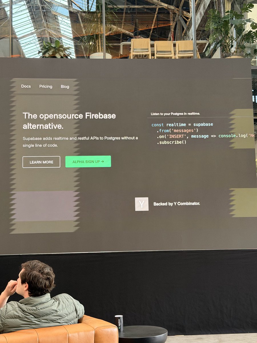 Dave Yen (@davecyen) on Twitter photo Supabase Select at YC w/ <a href="/francedot/">Francesco</a> <a href="/konstiwohlwend/">Konsti Wohlwend</a>
Fun hearing the origin story from <a href="/AntWilson/">Ant Wilson ā e/postgres</a> <a href="/kiwicopple/">Paul Copplestone - e/postgres</a> - when they first launched, changing their h1 tagline from ārealtime postgresā to āThe open source Firebase alternativeā led to hitting #1 on HN, and the rest is history Supabase Select at YC w/ <a href="/francedot/">Francesco</a> <a href="/konstiwohlwend/">Konsti Wohlwend</a>
Fun hearing the origin story from <a href="/AntWilson/">Ant Wilson ā e/postgres</a> <a href="/kiwicopple/">Paul Copplestone - e/postgres</a> - when they first launched, changing their h1 tagline from ārealtime postgresā to āThe open source Firebase alternativeā led to hitting #1 on HN, and the rest is history