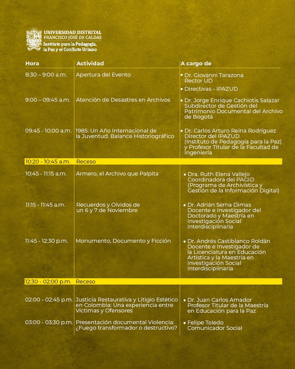#Coloquio IPAZUD: Memoria, archivo y escenarios de paz 🕊️

Organizan: <a href="/Ipazud/">Instituto de Paz de la Universidad Distrital</a>  <a href="/ArchivisticaD/">Archivística y Gestión de la Información Digital.</a>,  Maestría en Educación para La Paz y Maestría en Investigación Social Interdisciplinaria.

Acompáñanos a explorar cómo los archivos y la historia pueden transformar nuestro futuro