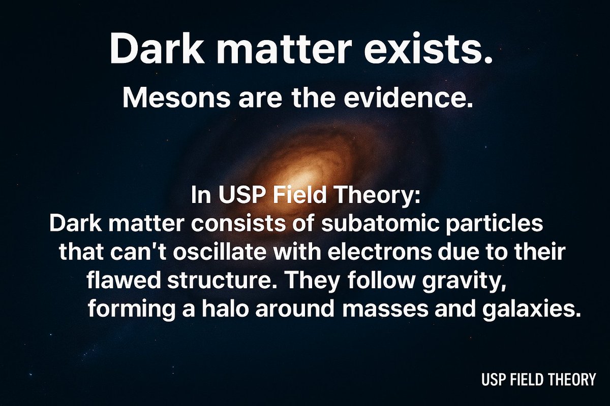 Sadeghsepehri's tweet image. 🌌 Dark Matter Reframed 🌌
In USP Field Theory, dark matter isn’t exotic.
It’s resonance waste — failed loops of quarks &amp;amp; electrons, gravitationally present but invisible to light.

📖  Zenodo: zenodo.org/records/172596…

#USPFieldTheory #DarkMatter #Physics #Cosmology
