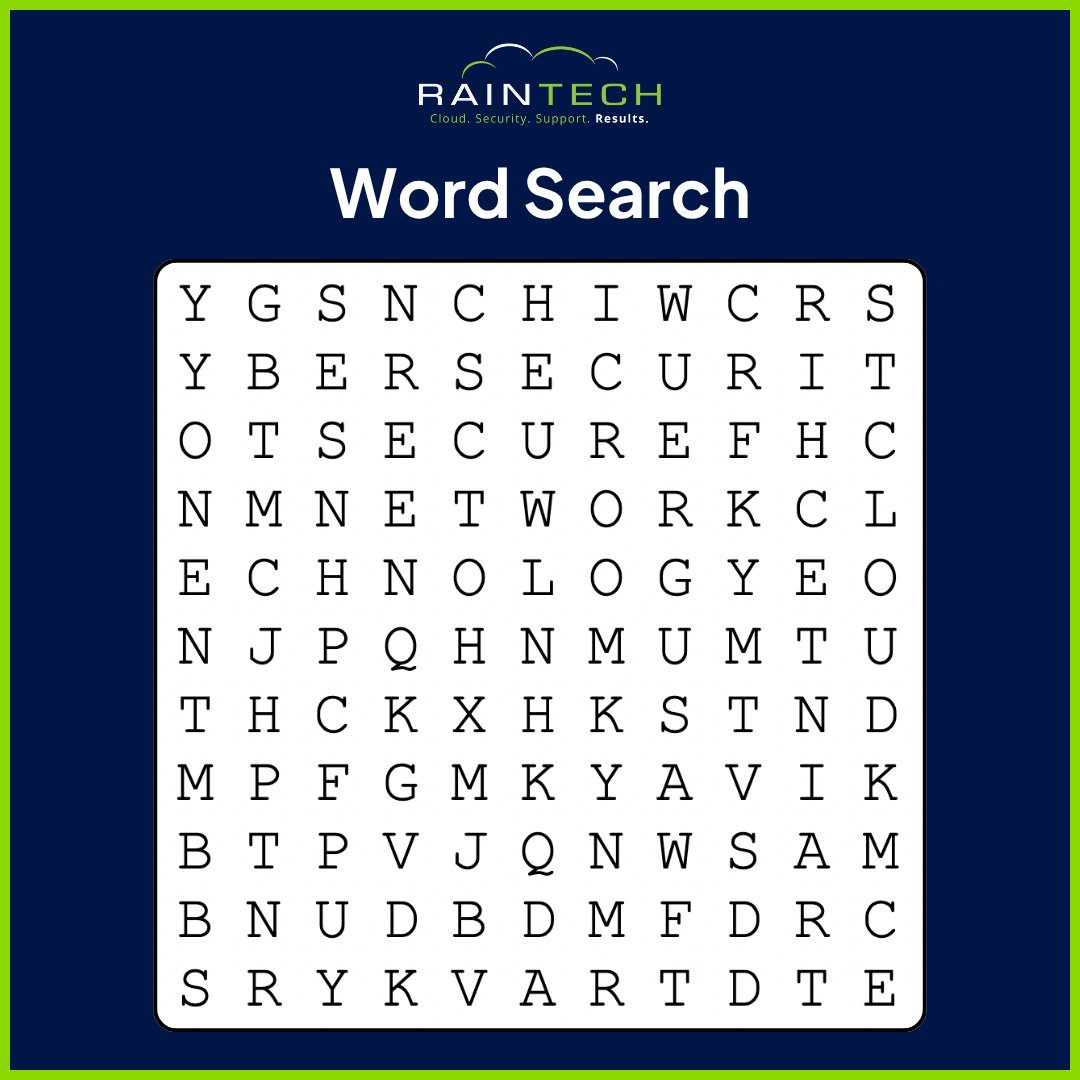 RainTech's tweet photo. Strong cybersecurity starts with awareness. 🔐

This Cybersecurity Month, we’re spotlighting the practices that protect your data and showing how we can help you stay secure. How many words can you find? 

#CybersecurityMonth #RainTech #Cybersecurity #ITServices https://t.co/BbBLO5dWwc