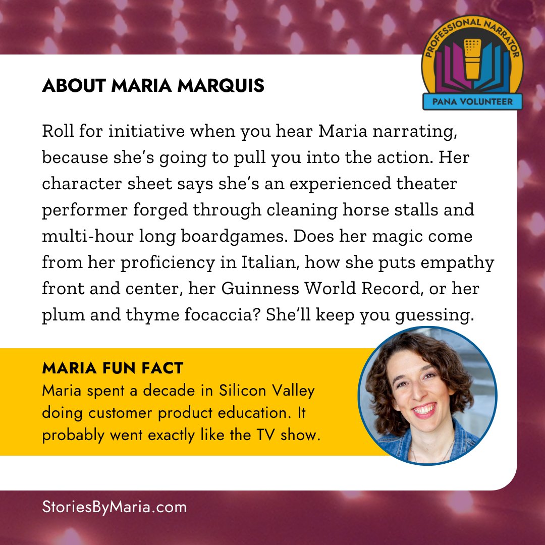 PANApplause celebrates Maria Marquis!
 storiesbymaria.com

Attention All PANA members:
We would love to spotlight YOU! 
Go2: bit.ly/panapplause

PANApplause is proudly sponsored by <a href="/AethonBooks/">Aethon Books</a>: "Science Fiction and Fantasy at its best"
#audiobooks #narrator