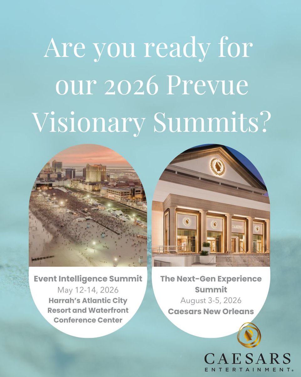 ✨ Mark your calendars for 2026! ✨
We’re bringing two unforgettable Prevue Visionary Summits to iconic Caesars Entertainment destinations.

Get ready to connect, learn, and be inspired with the industry’s brightest minds. 🌟 Register Today: prevuemeetings.com/events/