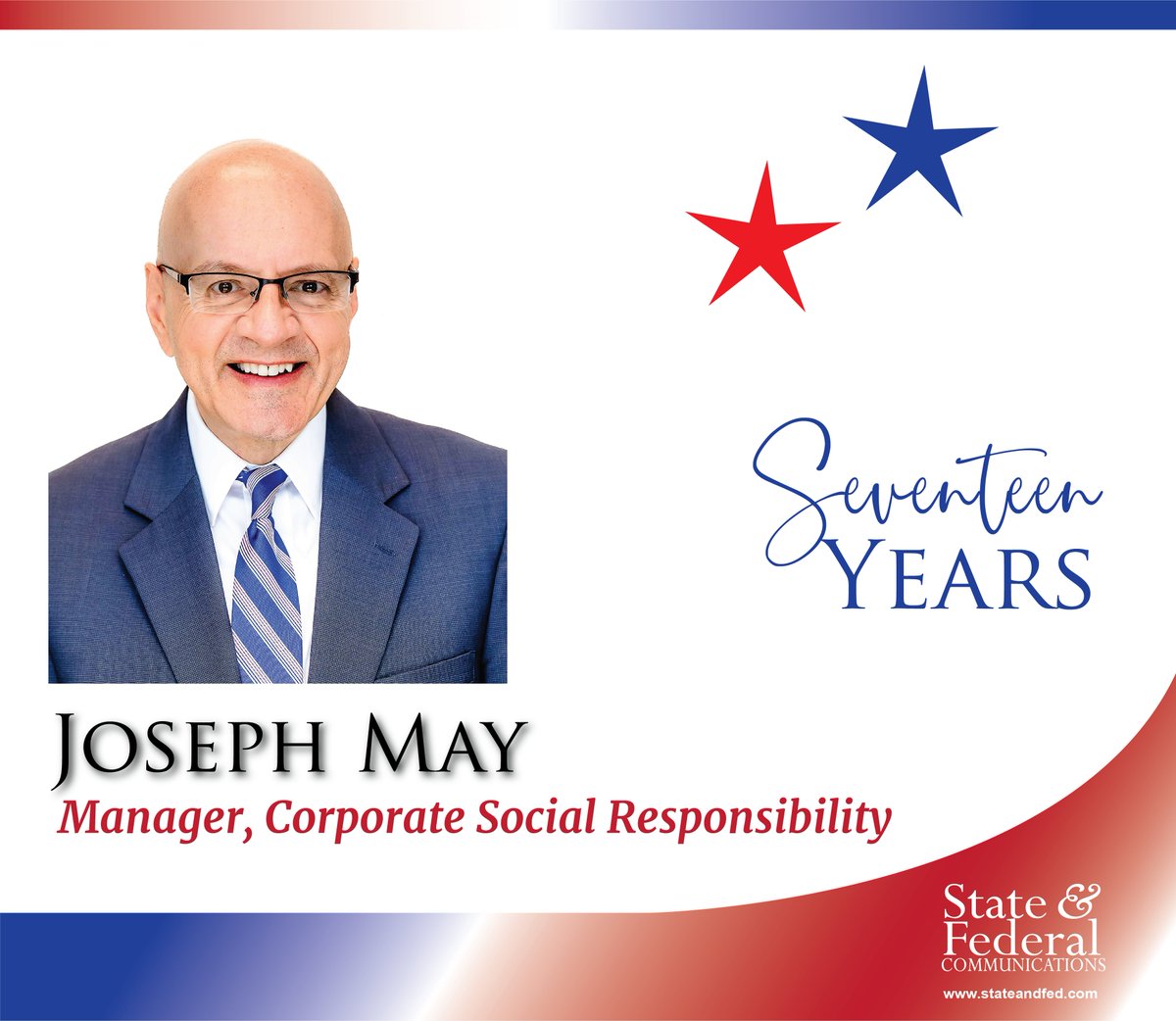 Join us in congratulating Corporate Social Responsibility Manager Joseph May for 17 years with State and Federal Communications! Thank you, Joe, for all your hard work and continued accomplishments.