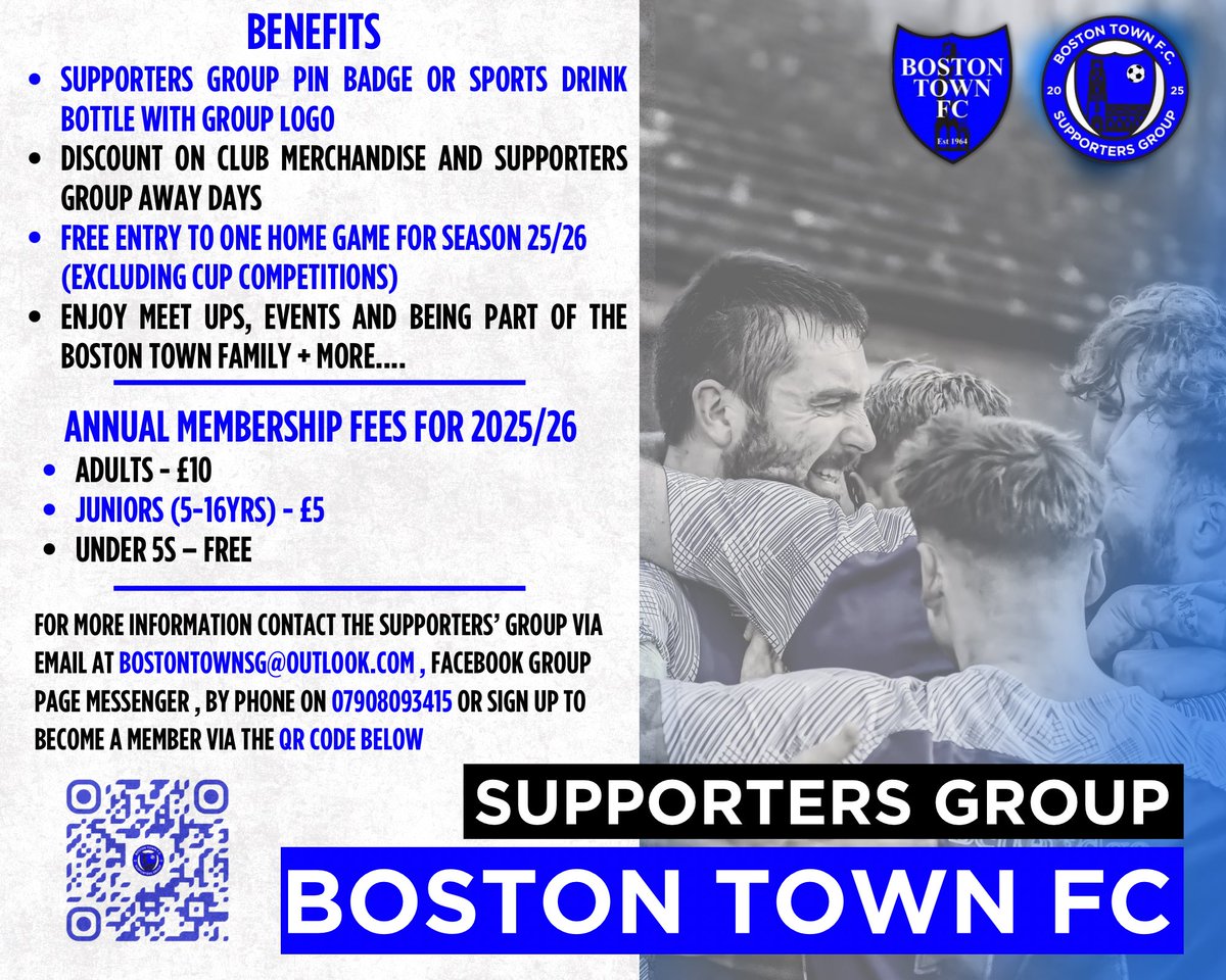 𝗝𝗼𝗶𝗻 𝘁𝗵𝗲 𝗕𝗼𝘀𝘁𝗼𝗻 𝗧𝗼𝘄𝗻 𝗦𝘂𝗽𝗽𝗼𝗿𝘁𝗲𝗿𝘀’ 𝗚𝗿𝗼𝘂𝗽 💙

There’s never been a better time to get involved and show your support for The Poachers!

By becoming a member of the Boston Town FC Supporters’ Group you’ll enjoy a host of great benefits, including:
✅